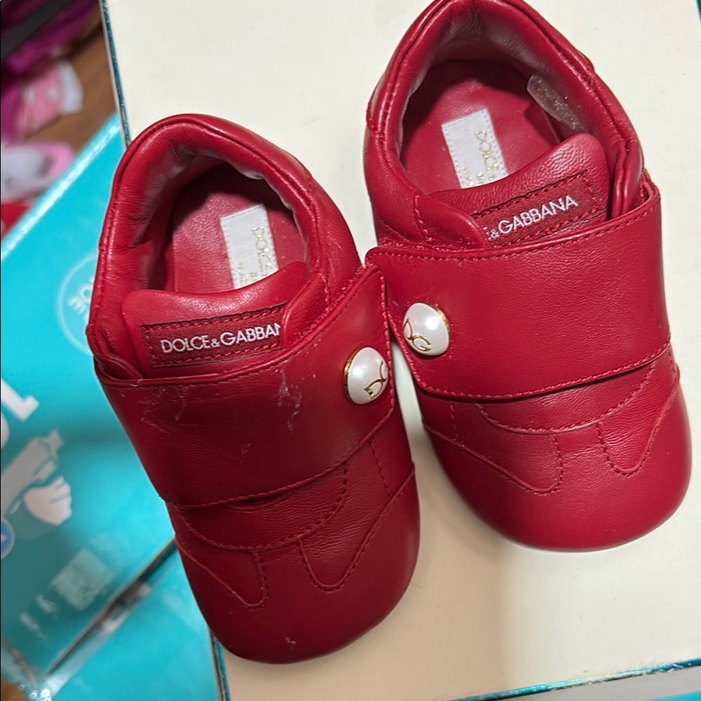 Dolce & Gabbana Red Baby Walker Shoes with Velcro Strap